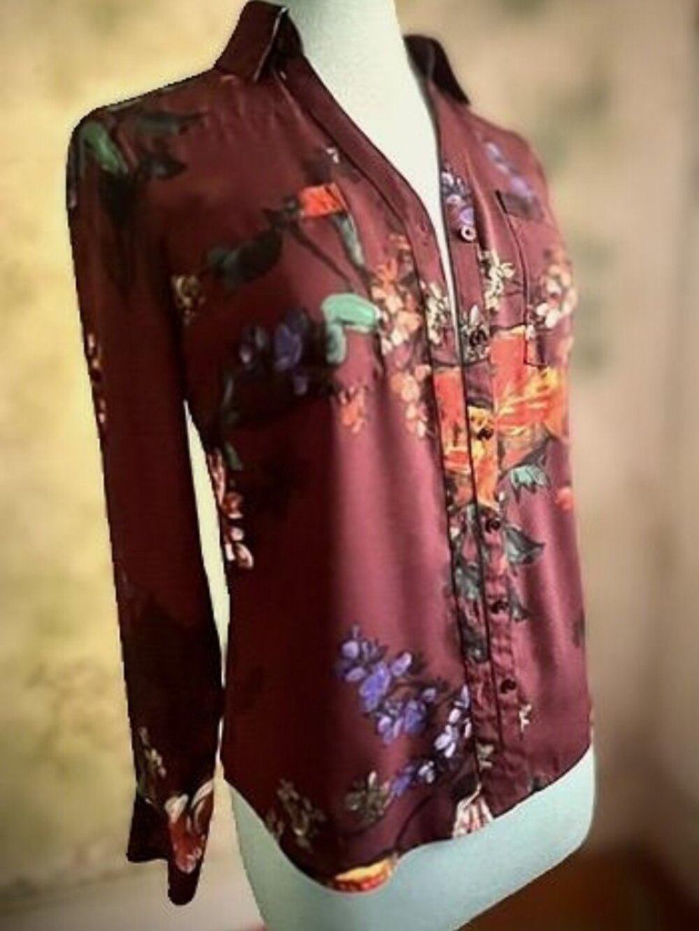 Express Burgundy Floral Satin Button-Down Blouse – XS